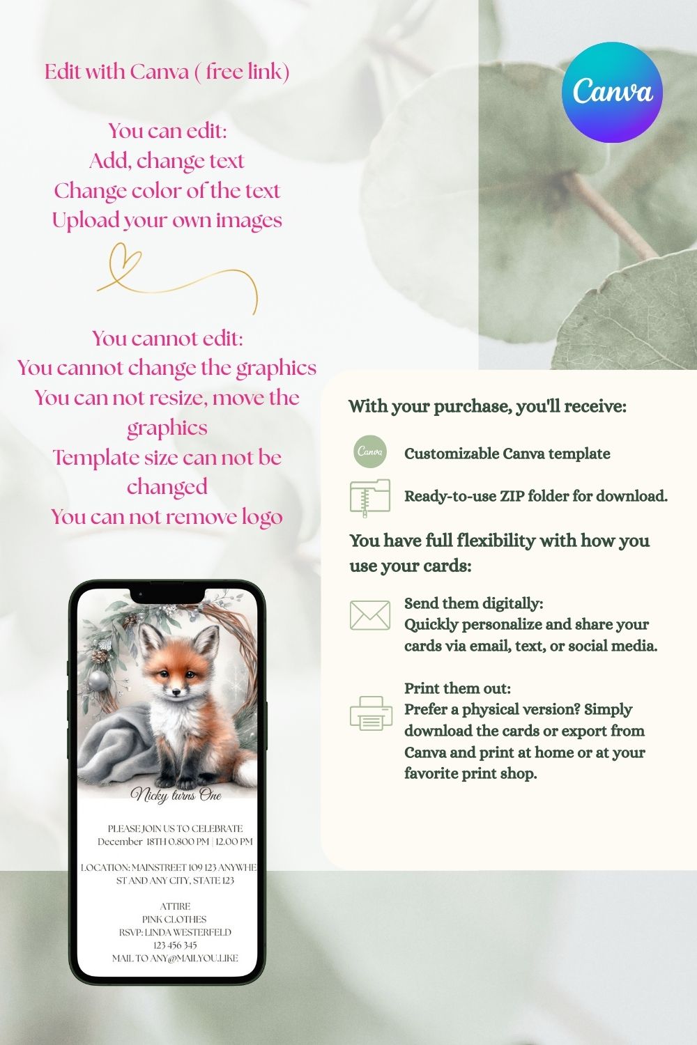 Winter fox first birthday invitation | December invitation | fox in snow