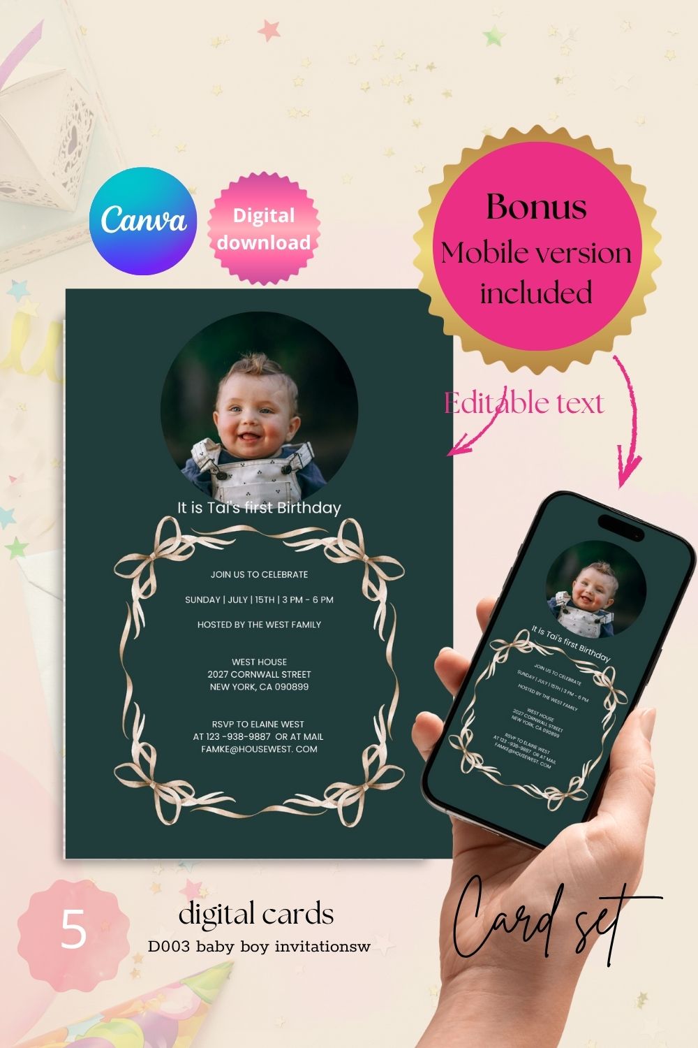 “Edible Boys Birthday Invitations – Cute Set of 5