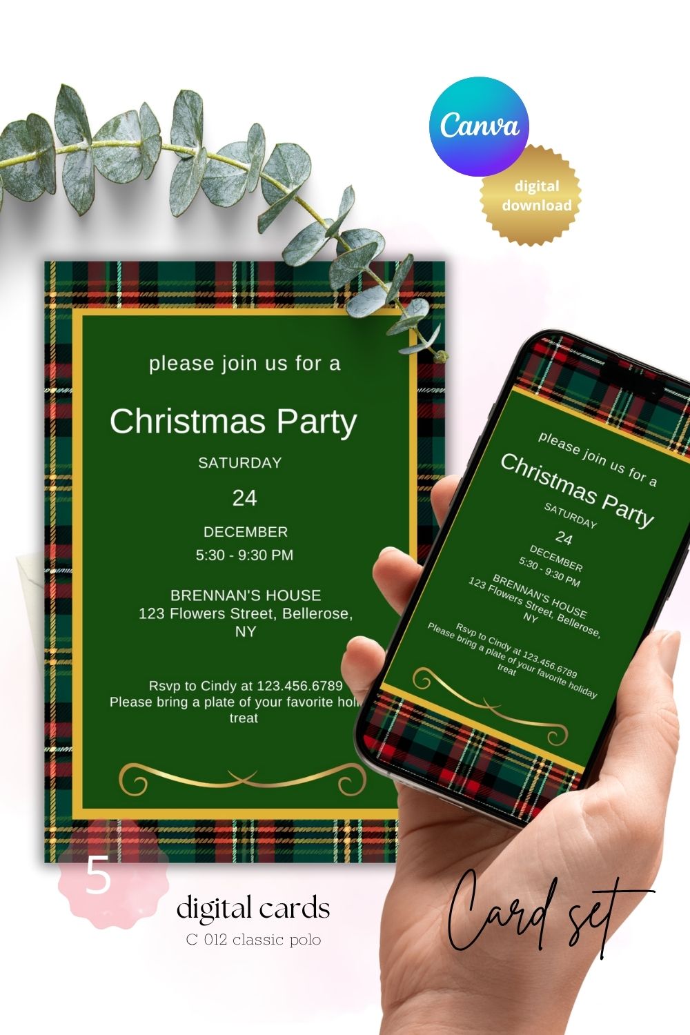 Classic polo style editable invations | Tartan | elegant | stylish dark green with blue