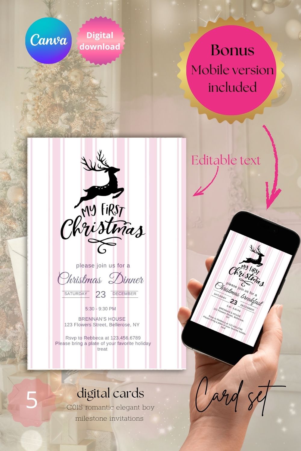 Editable Stylish Christmas party invitations | soft colors | baby giraffe | silver angel | set of 5