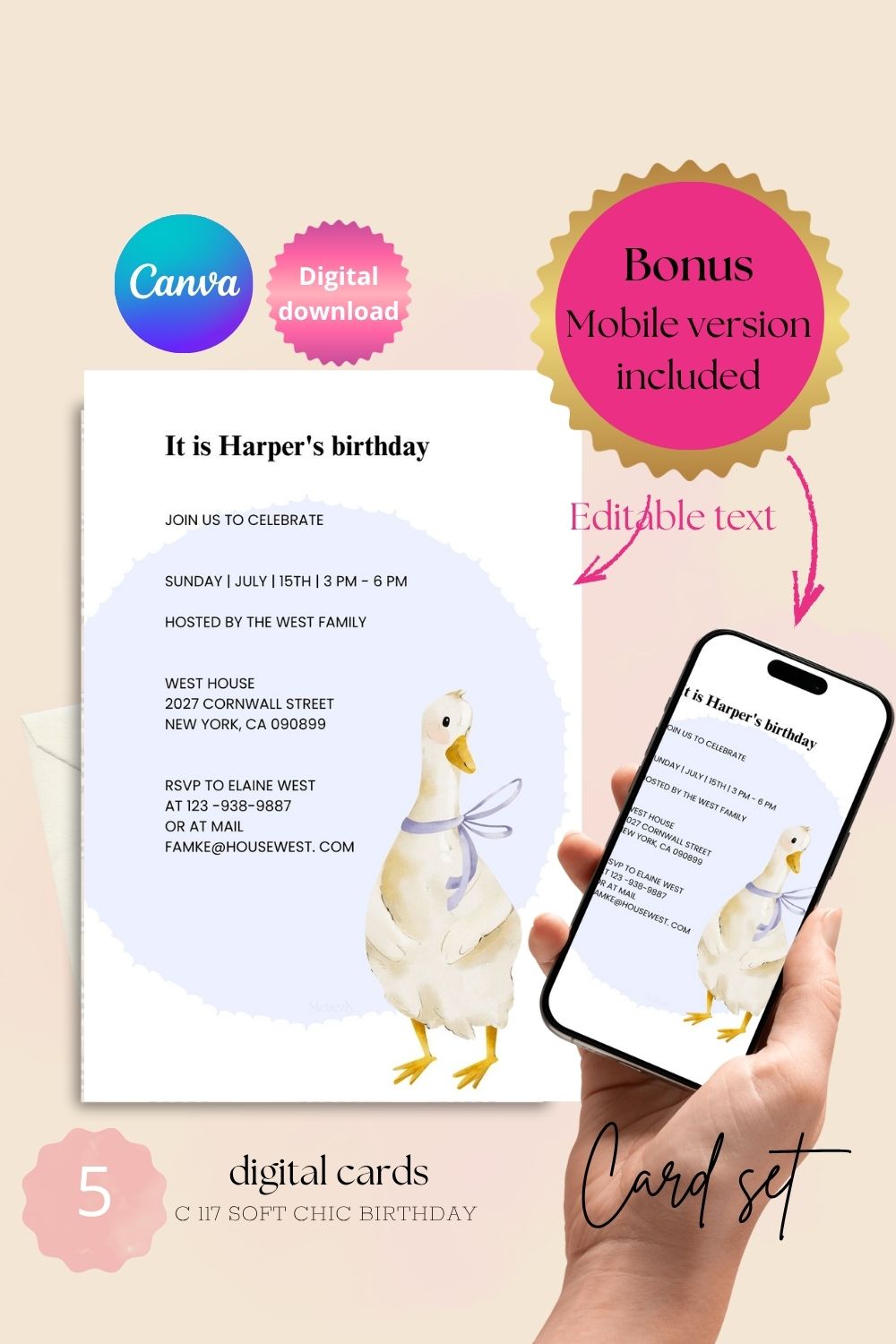 Editable Soft Chic Birthday Invitations – Beige Pastel Diamond Pattern | Set of 5