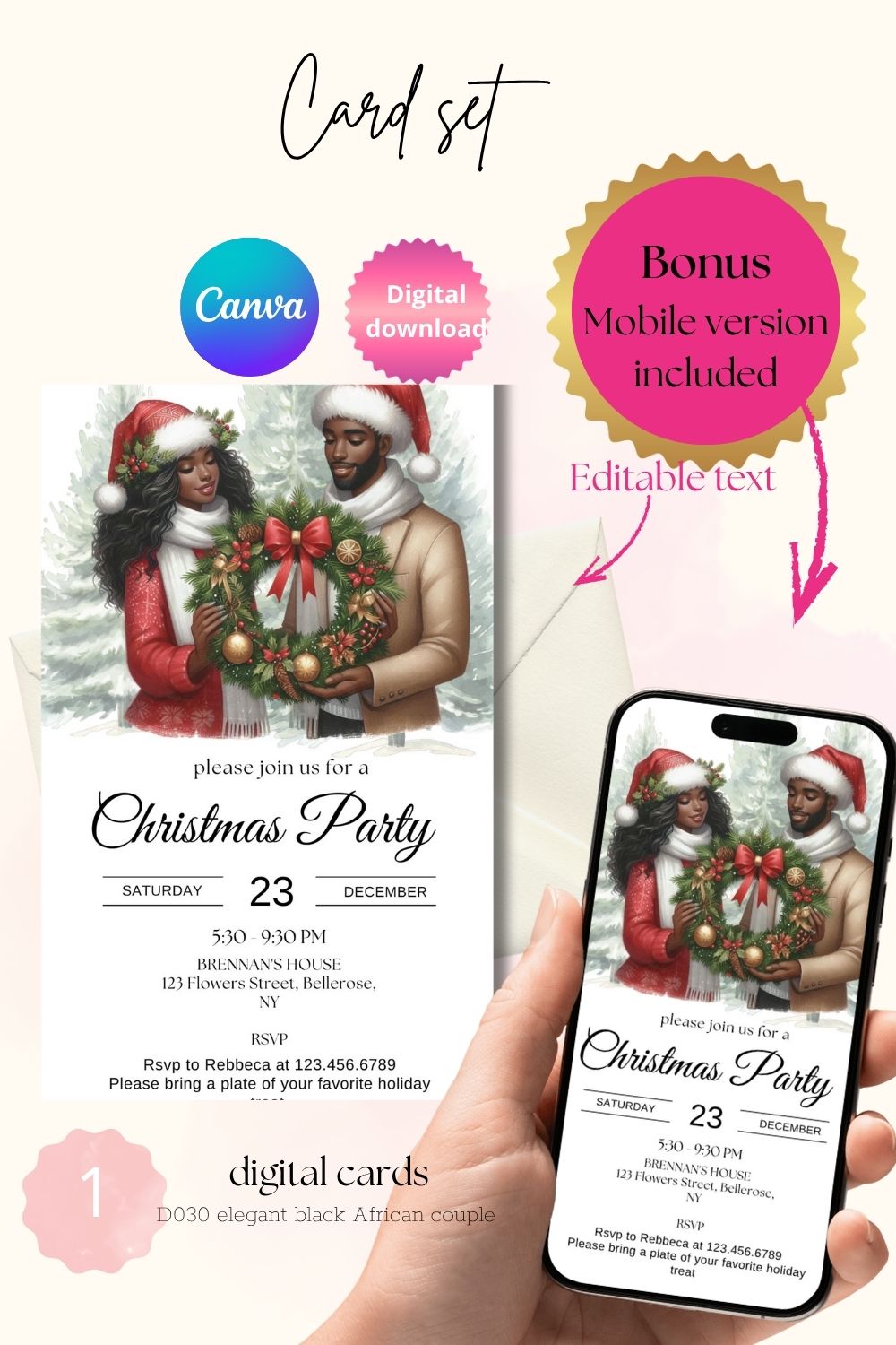 Elegant black African couple Christmas party invitations 