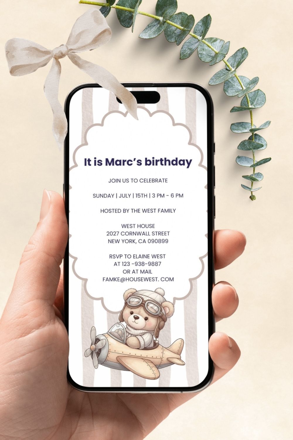 Aviator teddy bear baby birthday invitation soft beige colors | boho style toddler invitations