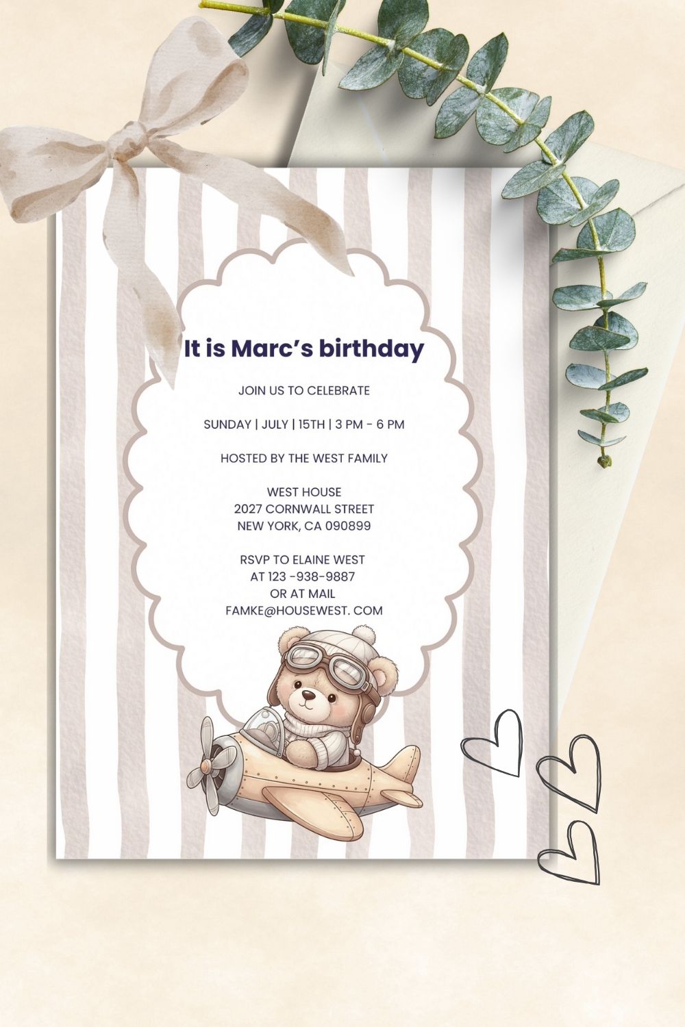 Aviator teddy bear baby birthday invitation soft beige colors | boho style toddler invitations