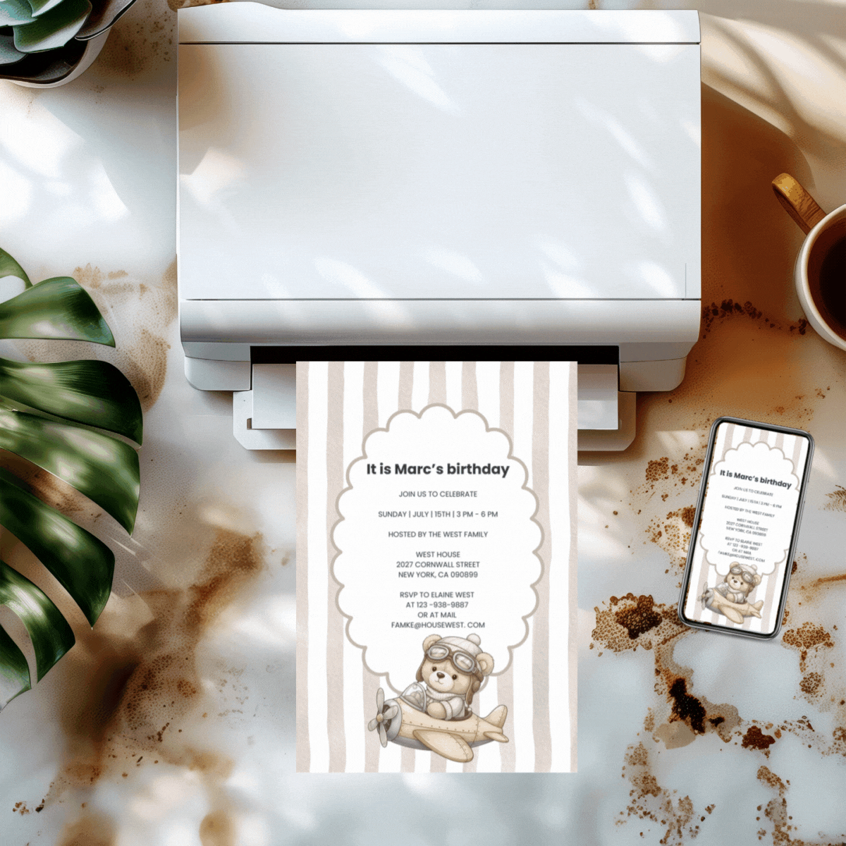 One adiator teddy bear baby first birthday invitation | editable | stripes soft brown and white 