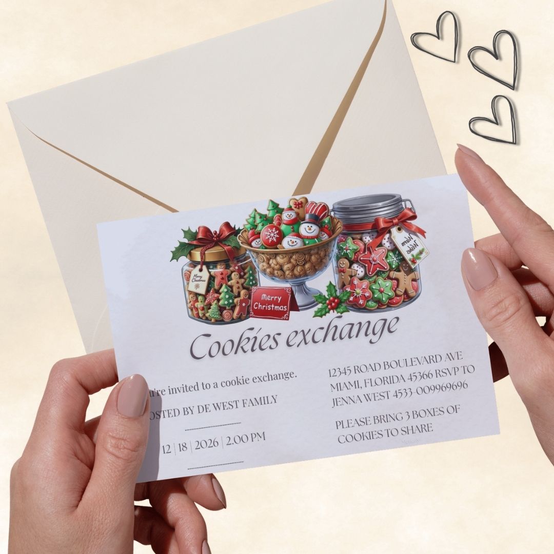 Cookies exchange classic holliday season editable invitations | set of 5 for mobile and printing