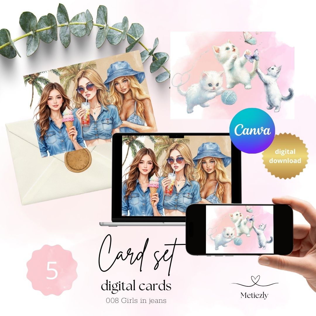 Girls in jeans, set of 5 cards | $2.23