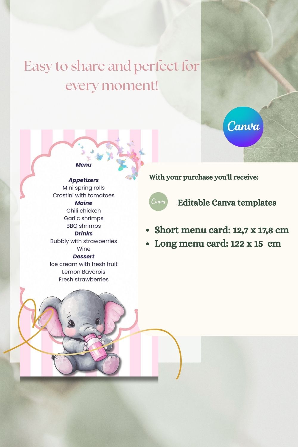 2 Sizes, super cute pink elephant invitation | soft pink stripes with white | Editable