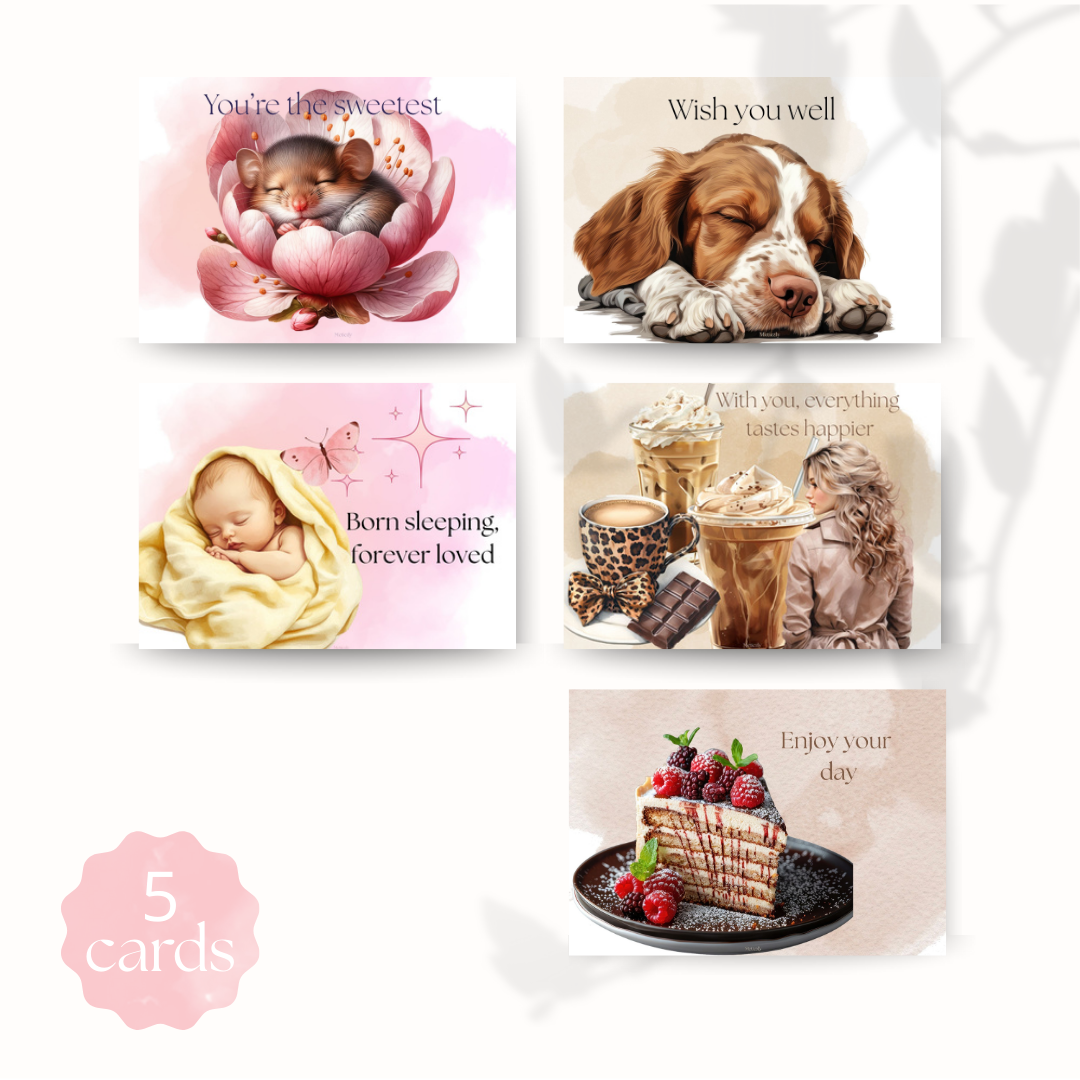 Mouse in flower, set of 5 cards | $2.23