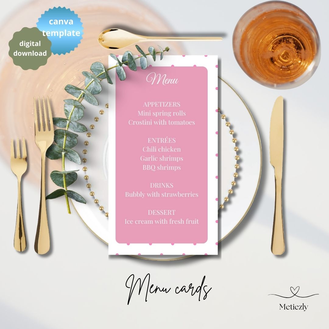 Minimalistische editable menucards make your table decoration more beautiful | soft pink | bow| dots| doodle| set of 5 of 2 sizes 