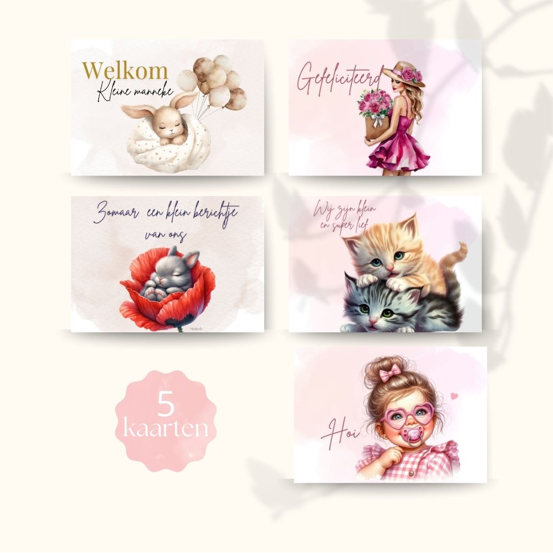Roze dame, set van 5 kaarten | $2,23