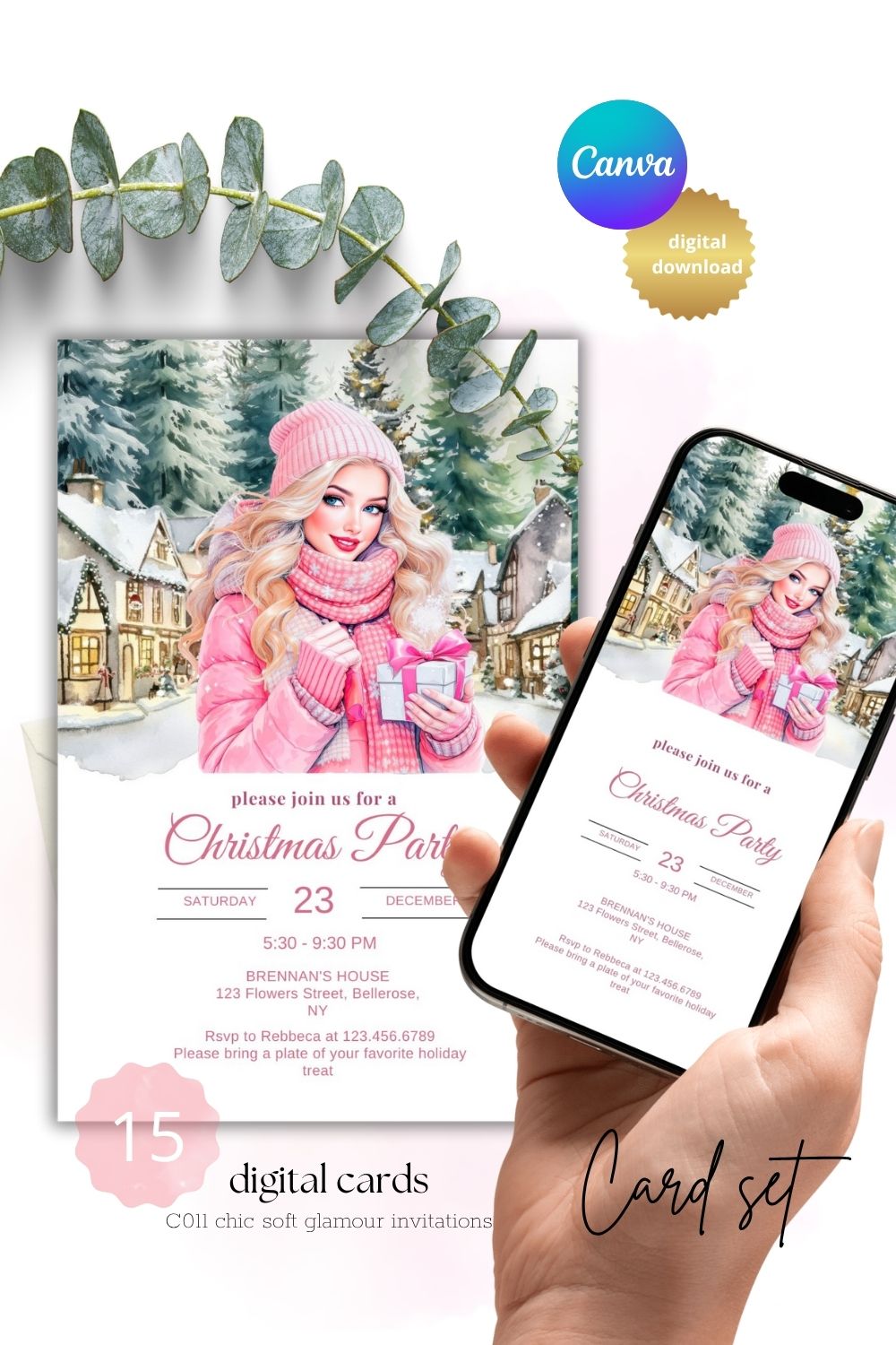 Editable December invitations | Christmas party invitations | Pink party invitations | Set of 15