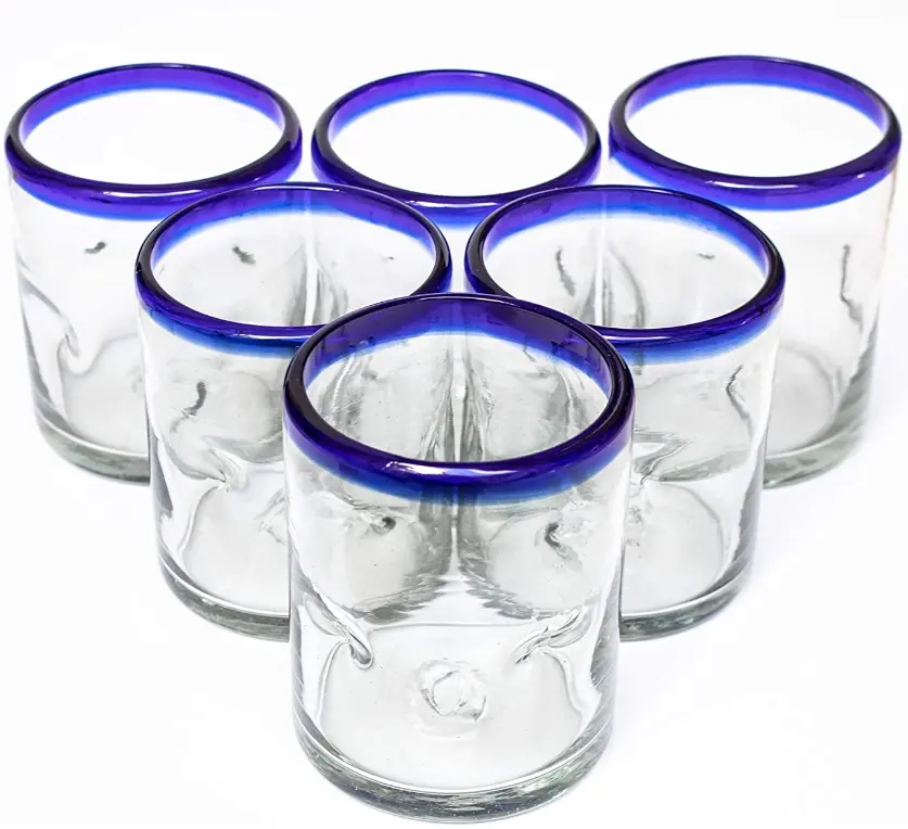 Set of six blue rimmed shot glasses