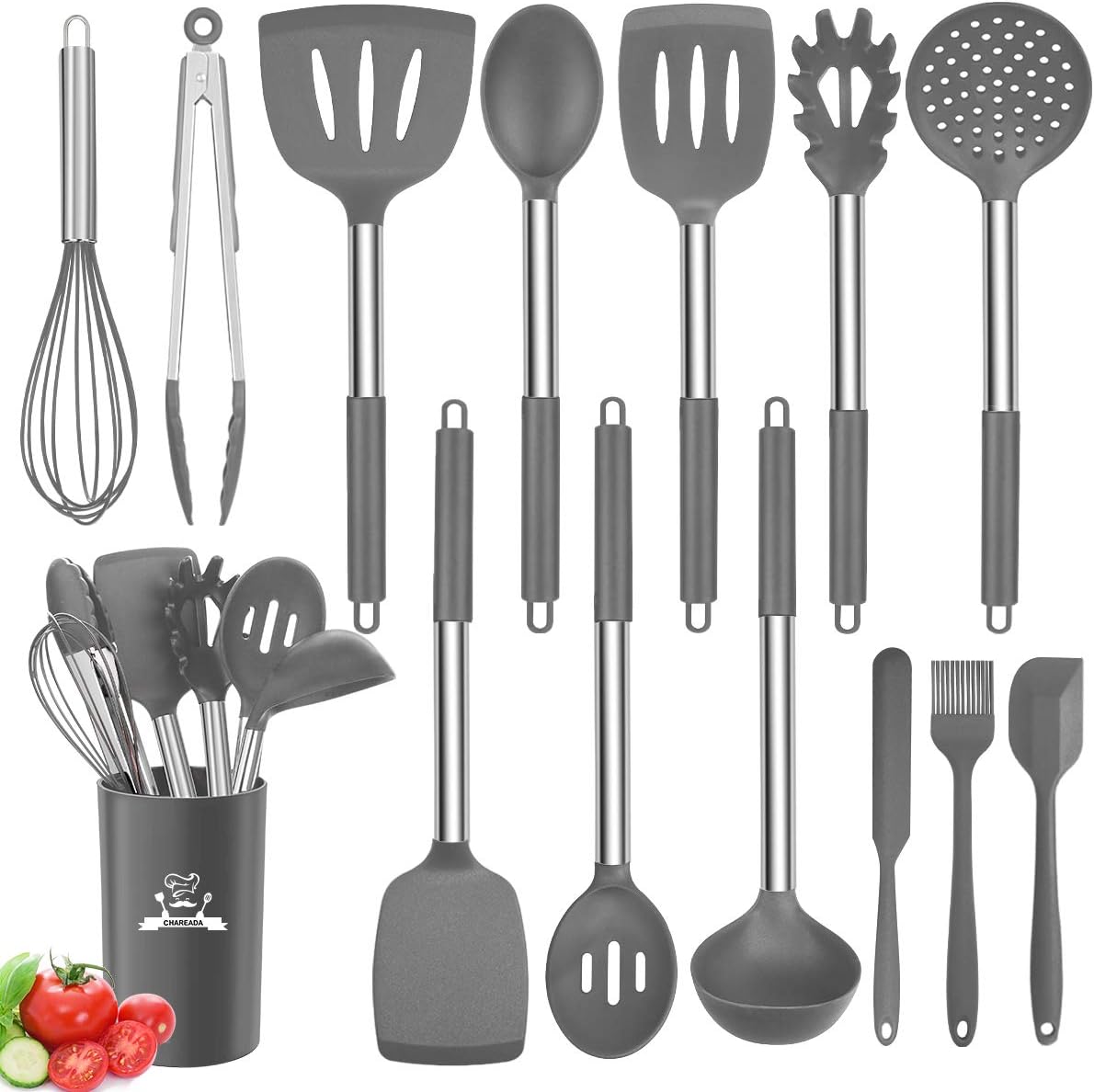 Cooking Utensil Set, 14pcs Kitchen Utensils Set Non-stick Heat Resistant Cookware Stainless Steel Handle Cooking Tools Turner Tongs Spatula Spoon - BPA Free, Non Toxic