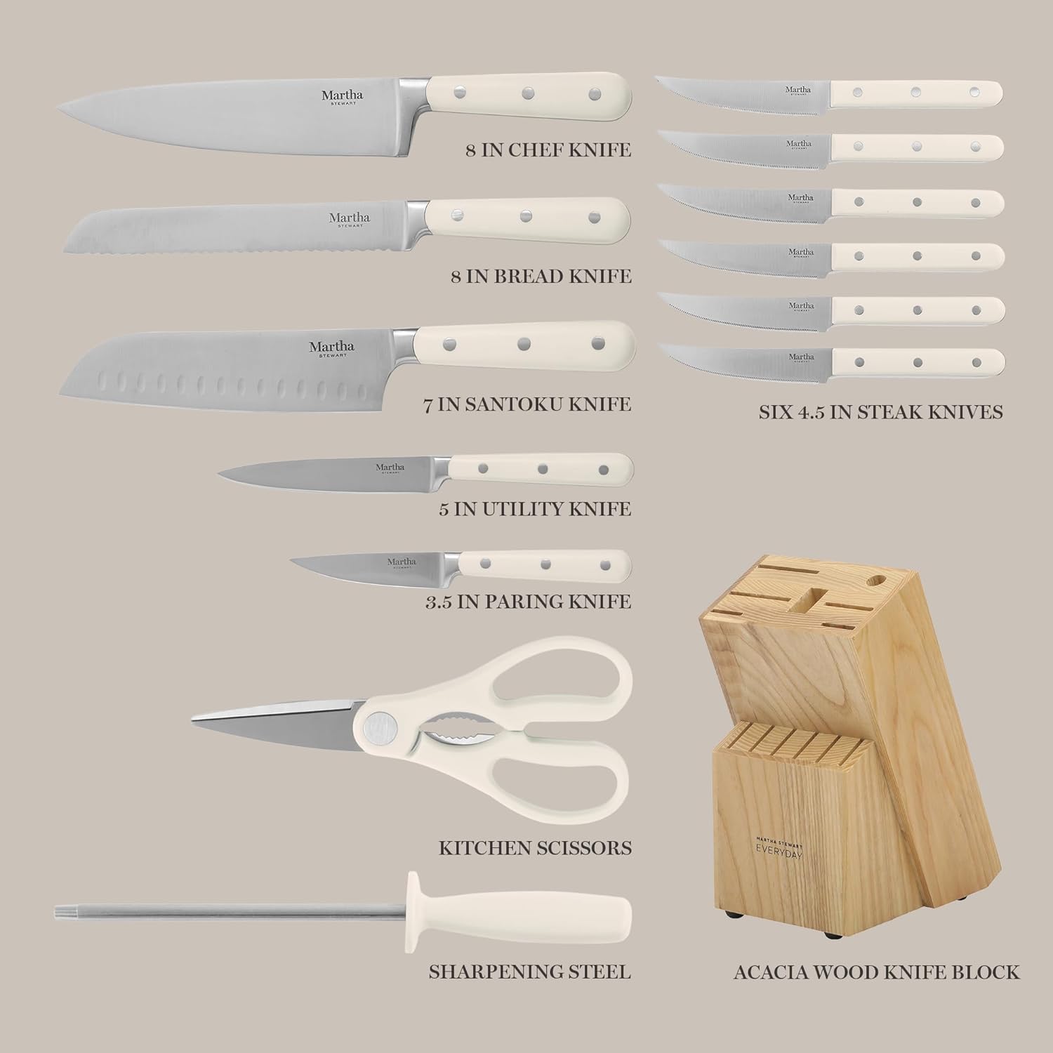 STEWART Eastwalk 14 Piece High Carbon Stainless Steel Cutlery Kitchen Knife Block Set w/ABS Triple Riveted Forged Handle Acacia Wood Block - Linen White