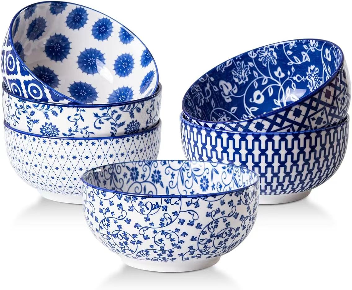 Ceramic Soup Bowls Set - 23 Oz Porcelain Salad Bowl - 6 Inch Deep Cereal Bowl for kitchen for Ramen, Dessert, Pasta - Microwave Dishwasher Safe - Set of 6 - Vintage Blue