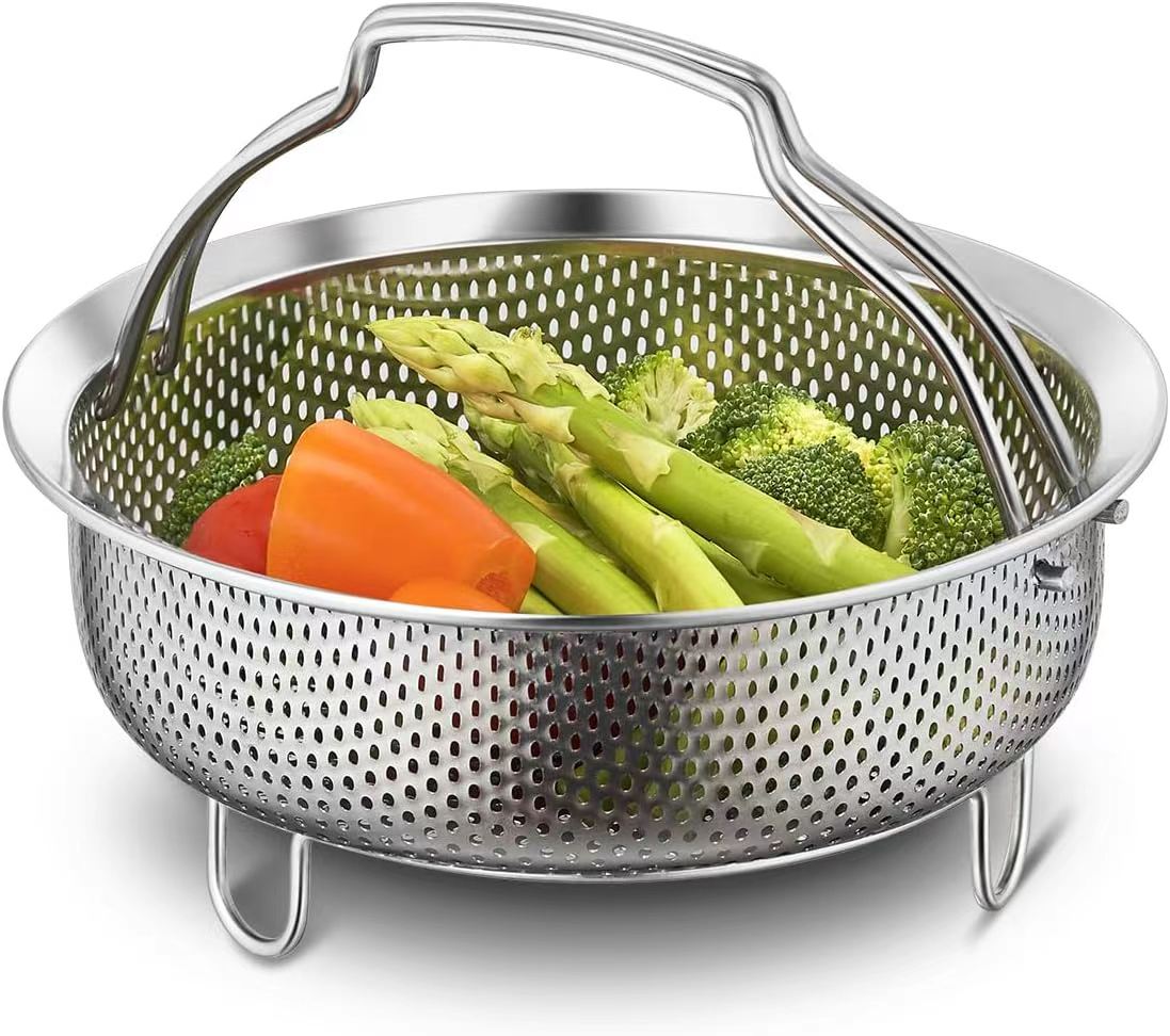On-the-go Instant Steamer Basket with handles & Feet, Premium SUS304 Stainless Steel Construction, Multipurpose Perforated Strainer Colander Basket for Fruits & Vegetables(8.7'' Diameter)