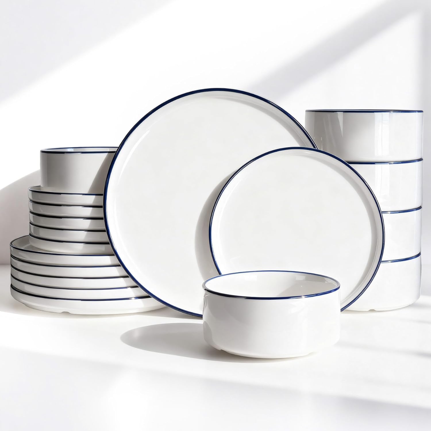 Famiware Porcelain Dinnerware Set, 18-Piece Modern Plate and Bowl Set, dish set for 6, Microwave and Dishwasher Safe Tableware, White with Blue Trim