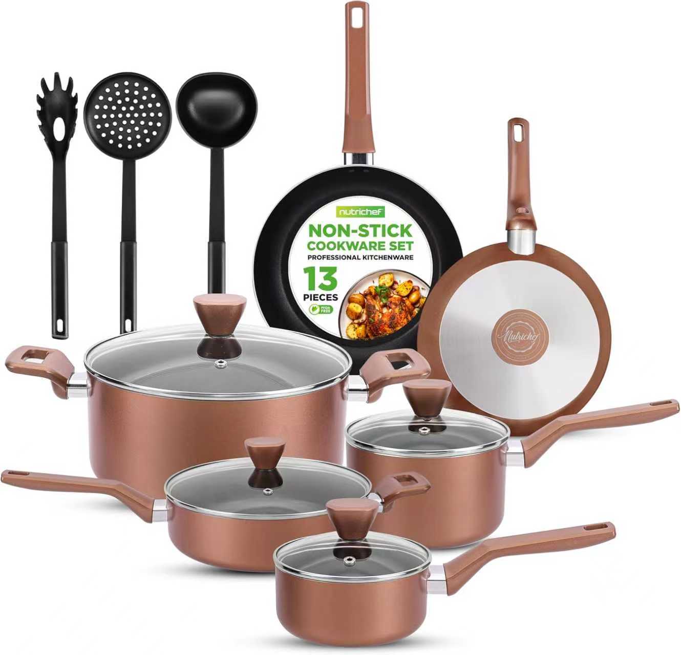 13-Piece Nonstick Kitchen Cookware Set - PTFE/PFOA/PFOSFree Heat Resistant Kitchen Ware Pots Pan Set w/ Saucepan, Frying Pans, Cooking Pots, Casserole, Lids, Ladle, Fork, Strainer, Brown - NCCWA13BR