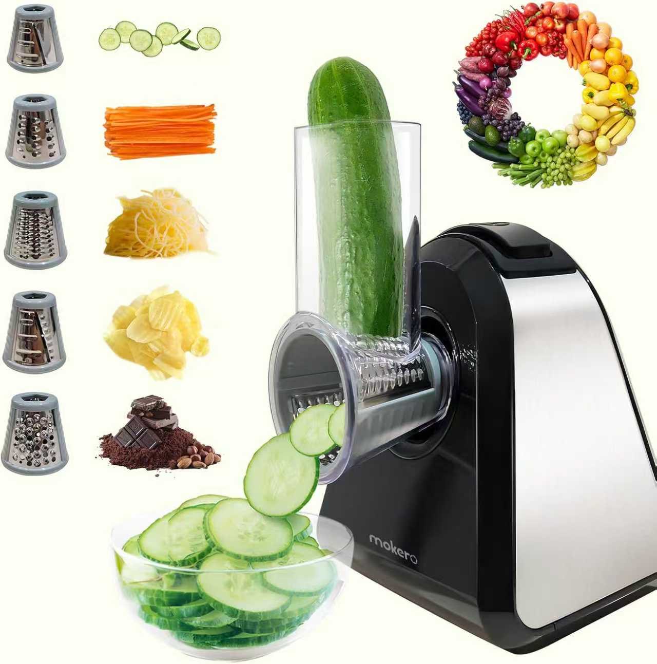 5 in1 Electric Cheese Grater Salad Shooter Maker for Block Cheese Home Kitchen Electric Food Slicer Shredder Chopper Automatic Grater for Vegetables Cucumber Carrots Cabbage Nuts