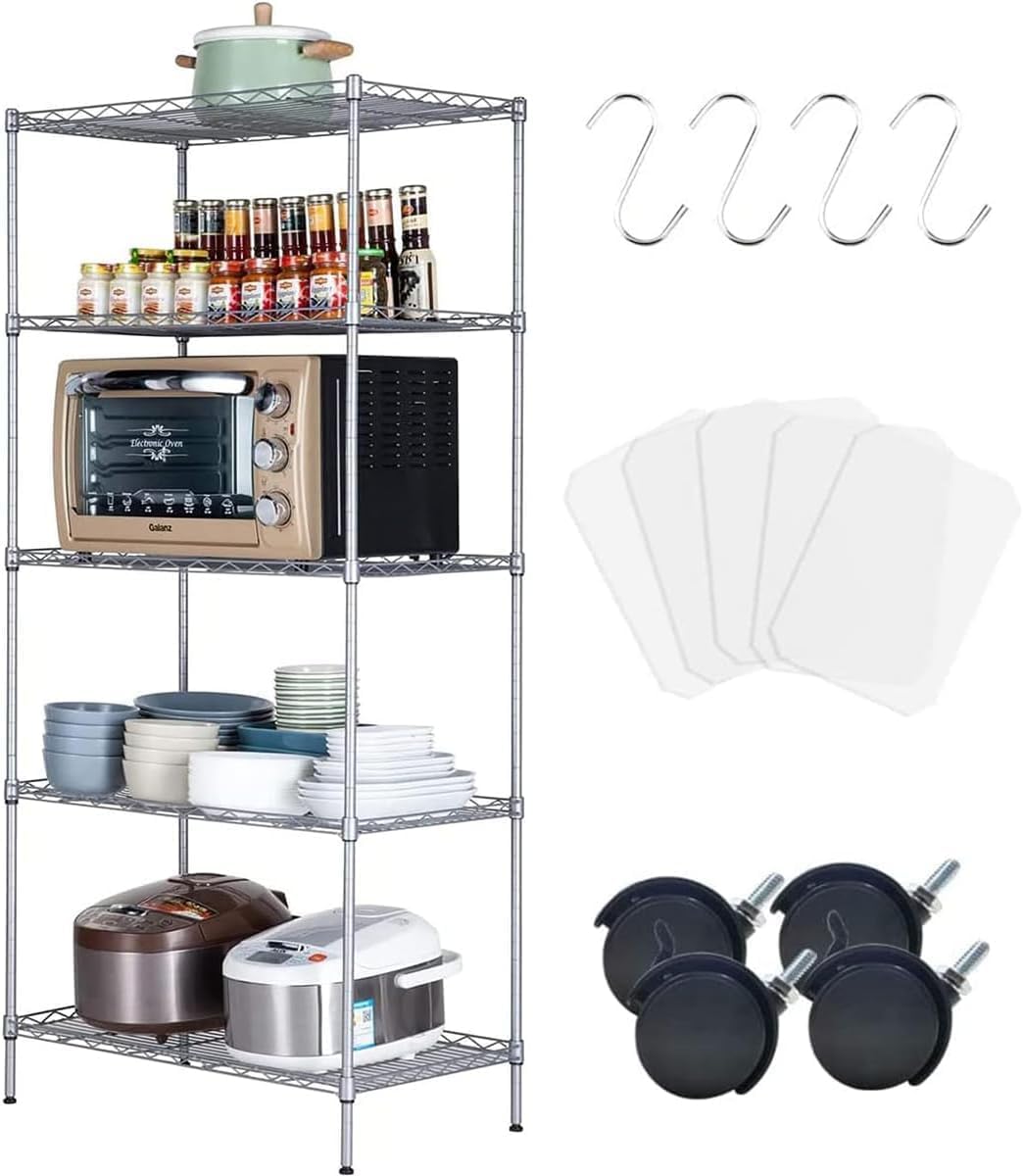 Standing Shelf Units, 5 -Tier Shelf Carbon Steel Shelving Unit Adjustable Heavy Duty Wire Shelf Metal Height Shelves Unit Metal Storage Rack Durable Organizer