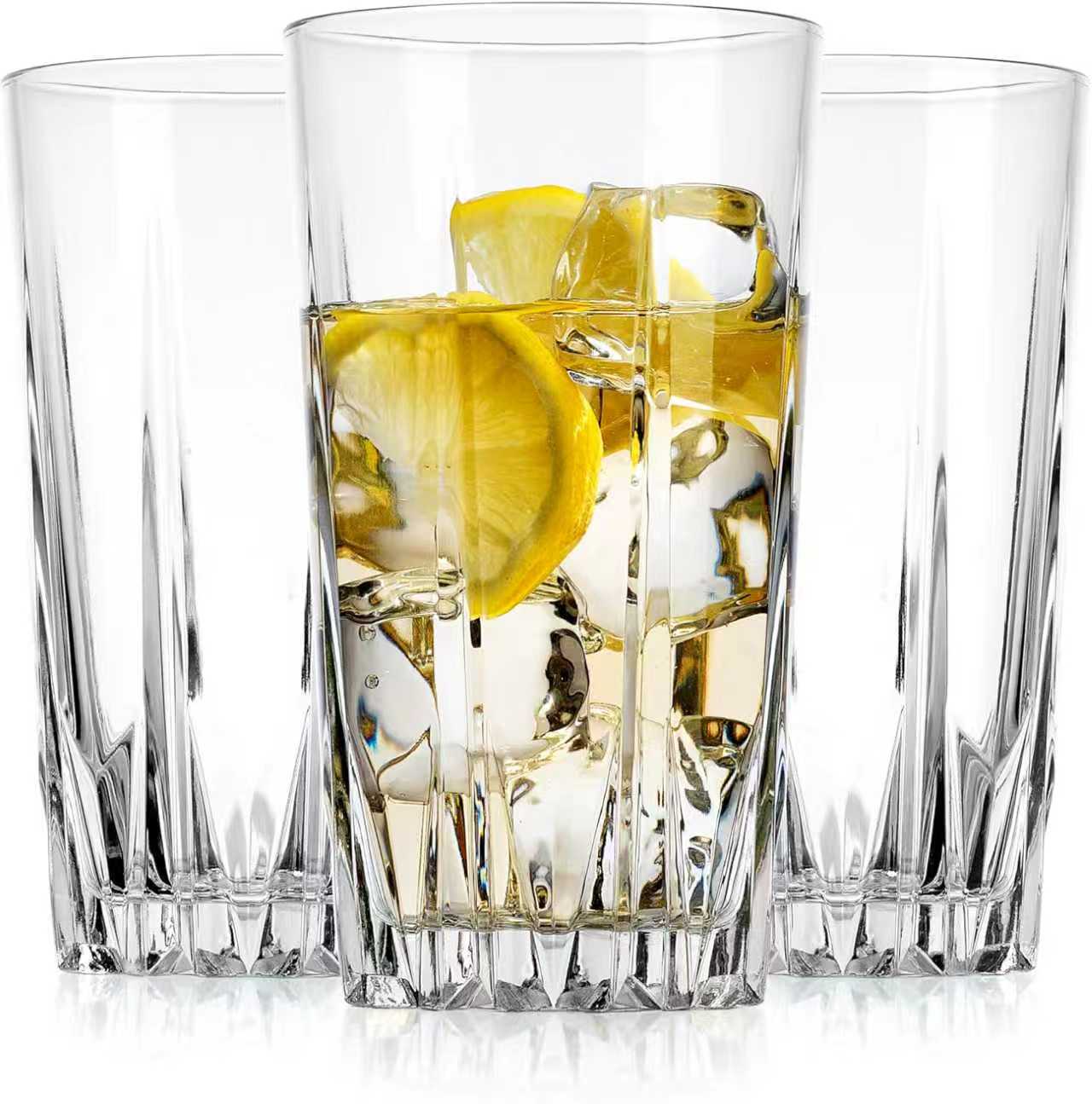 Classic Drinking Glasses Set Of 6 Old Fashioned Highball Glass Cups 15 Oz Diamond Cut Elegant Glassware For Everyday, Bar Glasses. For Water, Beer, Juice, Cocktails