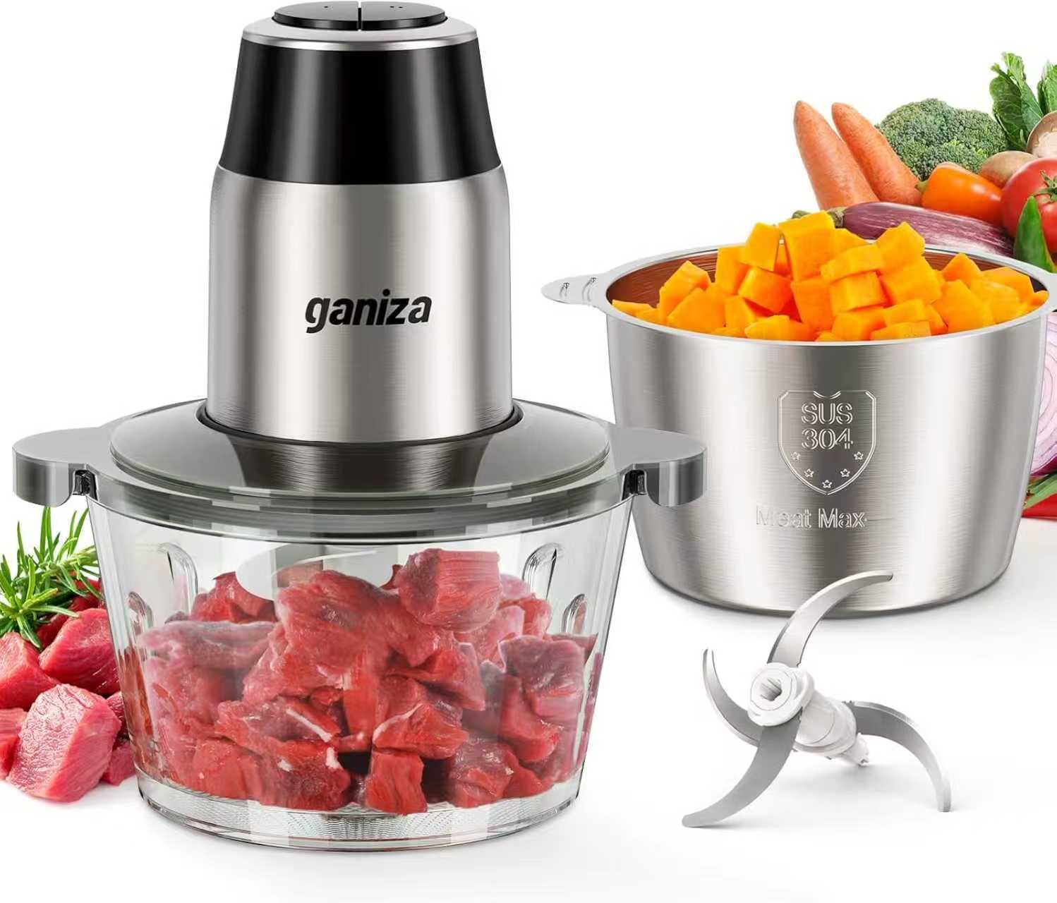 Food Processors, Electric Food Chopper with Meat grinder & Vegetable Chopper - 2 Bowls (8 Cup+8 Cup) with Powerful 450 W Copper Motor - Includes 2 Sets of Bi-Level Blades for Fruits/Meat/Nuts