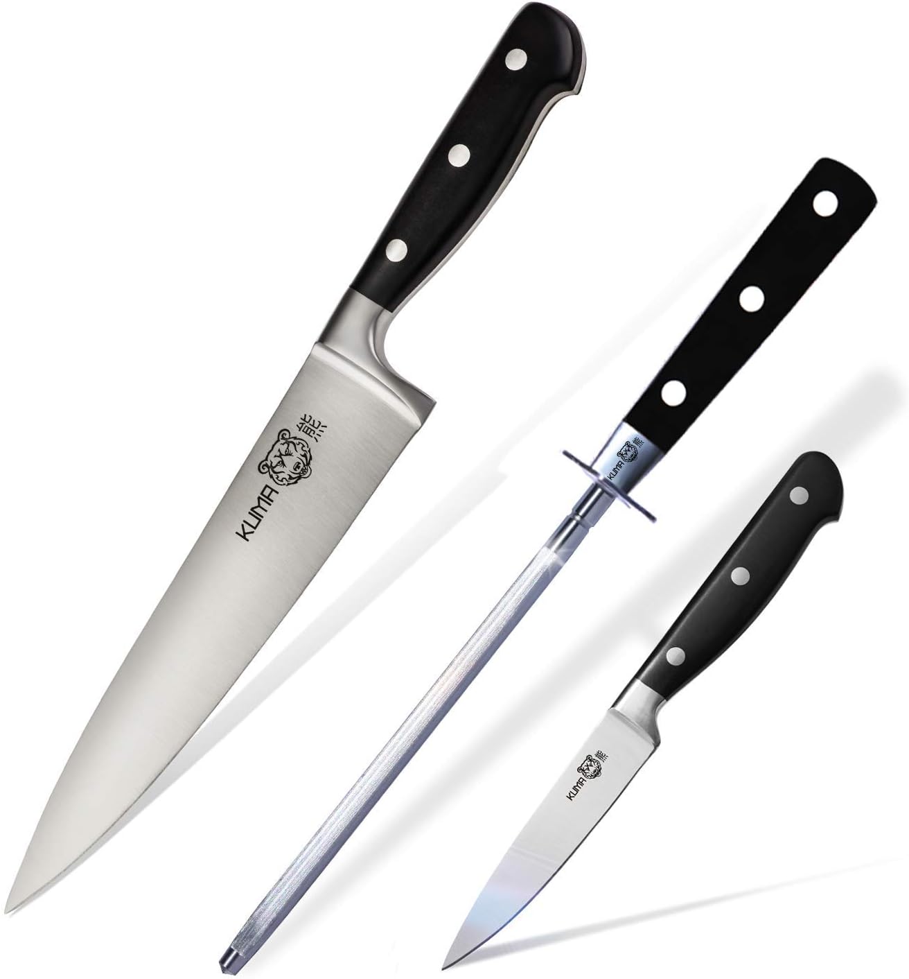 KUMA Chef Knife Set (3 items) - Razor Sharp Out The Box - 8 Inch Chef's Knife for Carving, Slicing, Chopping - Great Ergonomic Handle - Kitchen Knives Chef's Knife + Paring Knife + Honing Rod