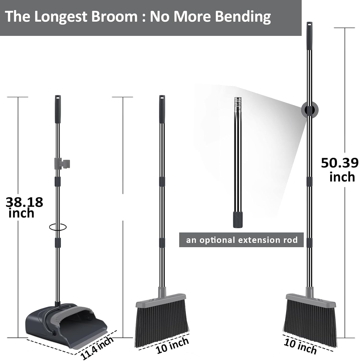 Broom and Dustpan Set for Home, Office, Indoor&Outdoor Sweeping, Stand Up Broom and Dustpan (Black&Gray)