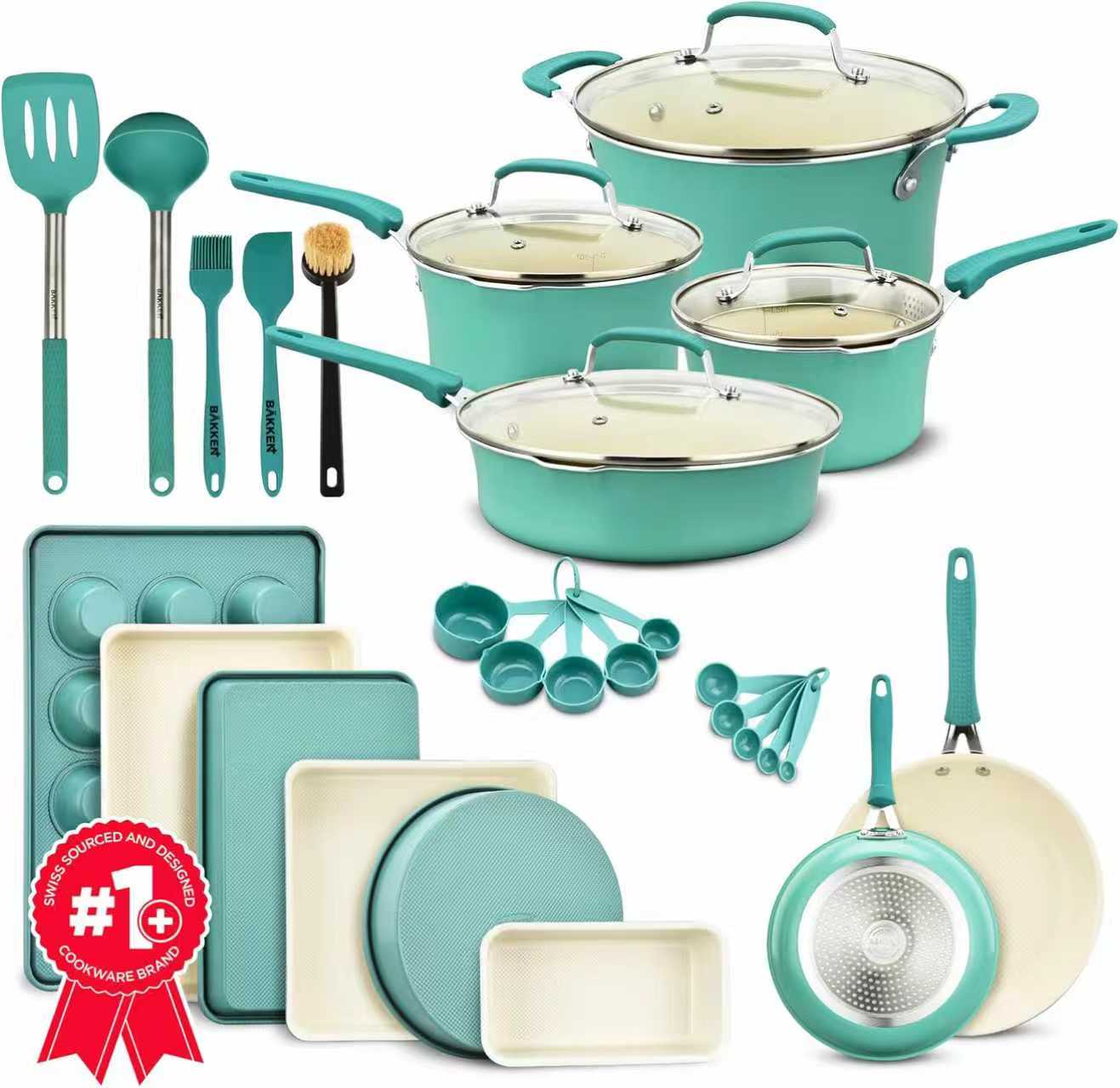 Set - 23 Piece - Aqua Multi- Sized Cooking Pots with Lids, Skillet Fry Pans and Bakeware - Reinforced Pressed Aluminum Metal - Suitable for Gas, Electric, Ceramic and Induction by BAKKEN Swiss