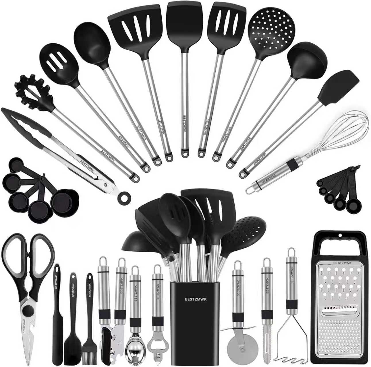 Kitchen Utensil Set-Silicone Cooking Utensils -33 Kitchen Gadgets & Spoons for Nonstick Cookware-Silicone and Stainless Steel Spatula Set-Best Kitchen Tools, Useful Pots and Pans Accessories