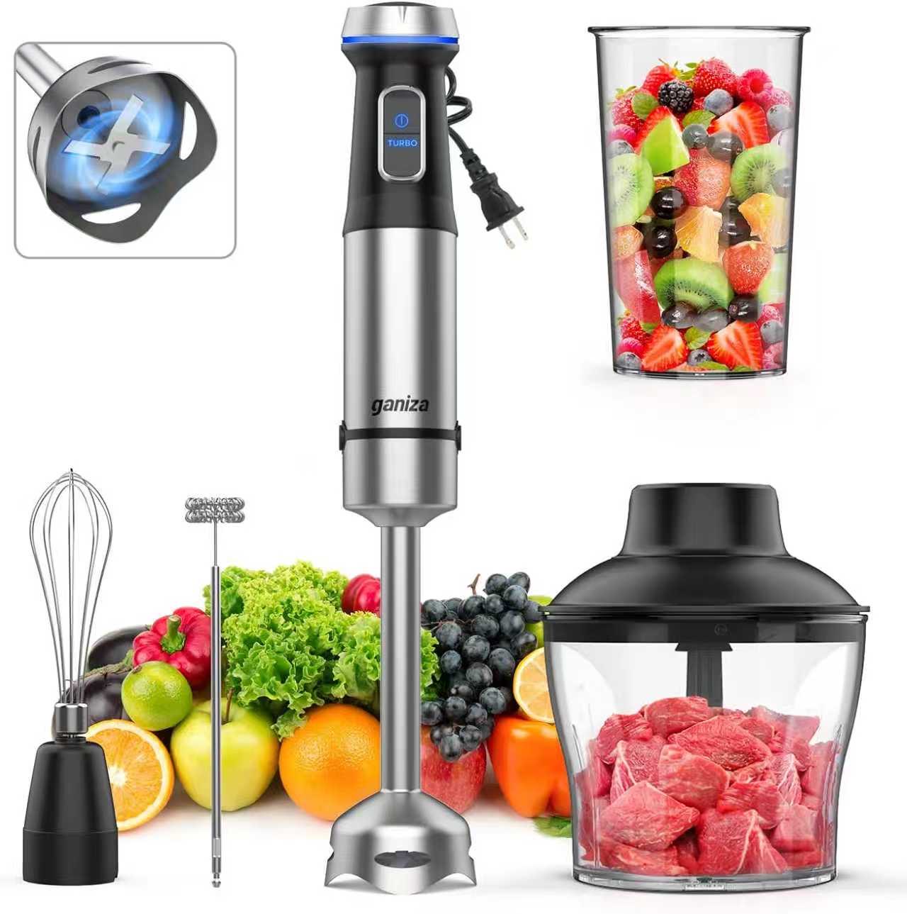 Blender 5 in 1 Hand Blender Max 1000W Heavy Duty Motor, 16 Speed Mode Handheld Blender Stainless Steel Blade With 800ml Mixing Beaker, 600ml Chopper, Whisk and Milk Frother