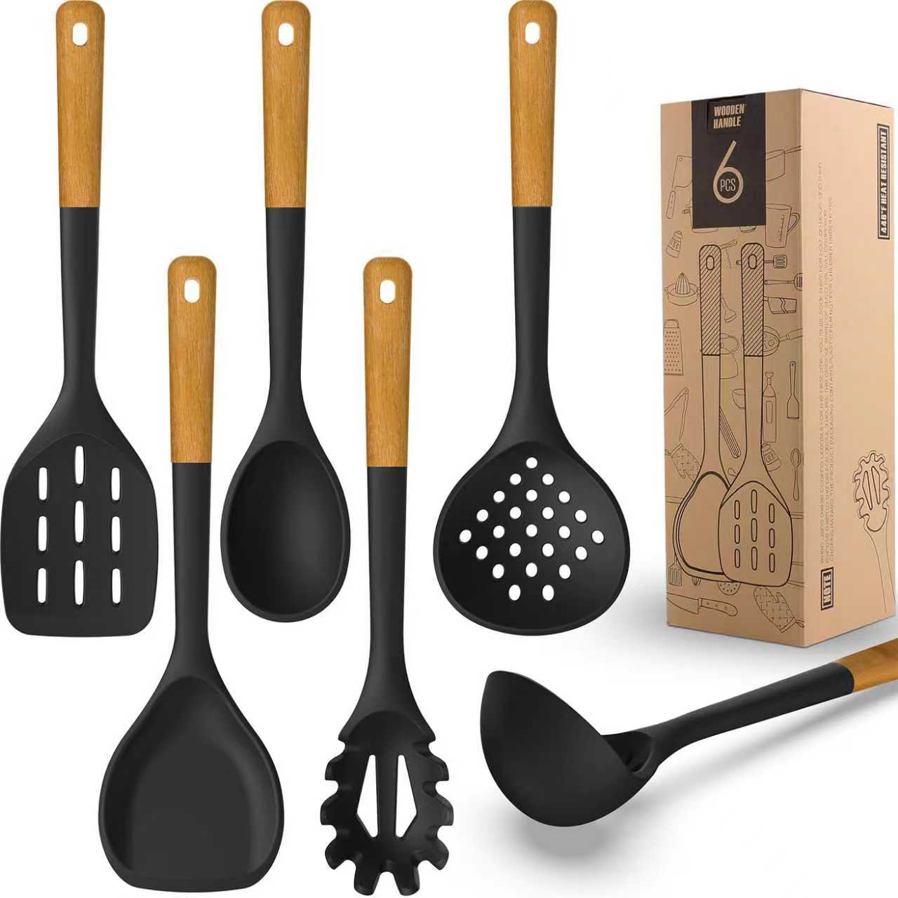Silicone Cooking Utensils Set - Heat Resistant Silicone Kitchen Utensils for Cooking w Wooden Handles, Spatula Set, Kitchen Utensil Gadgets Sets for Non-Stick Cookware, BPA Free (Black)