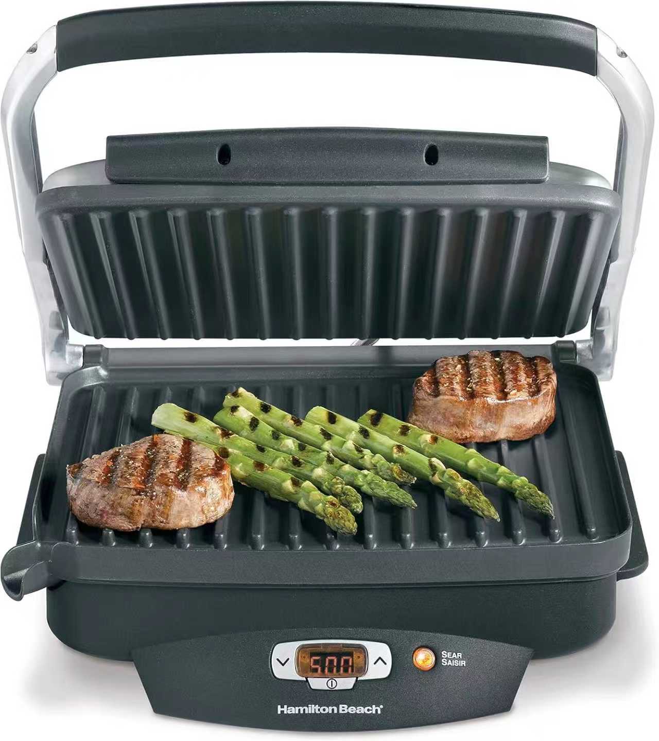 Beach Steak Lover's Electric Indoor Searing Grill, Nonstick 100 Square, Stainless Steel (25331), Black and Stainless, Medium