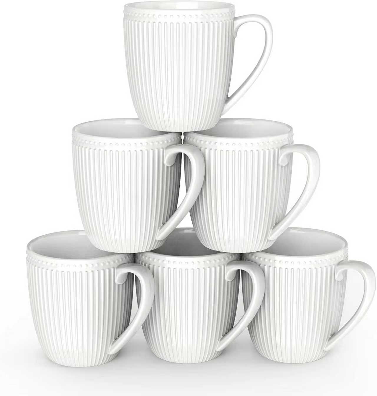 Mugs Set of 6, 16Oz White Coffee Mugs, Porcelain Mugs, Large and Easy to Grip Mug Sets, Embossed Coffee Cup Set for Coffee, White