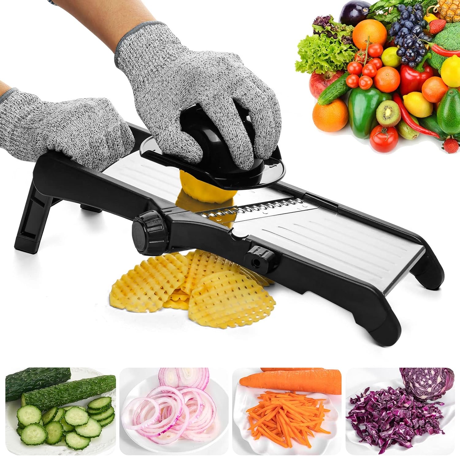 Mandoline Slices for Kitchen, Stainless Steel Professional Vegetable Slicer with Adjustable Thickness, Safety Gloves& Food Holder, Easy to Clean, Ideal for Potatos, Onions, Cucumber