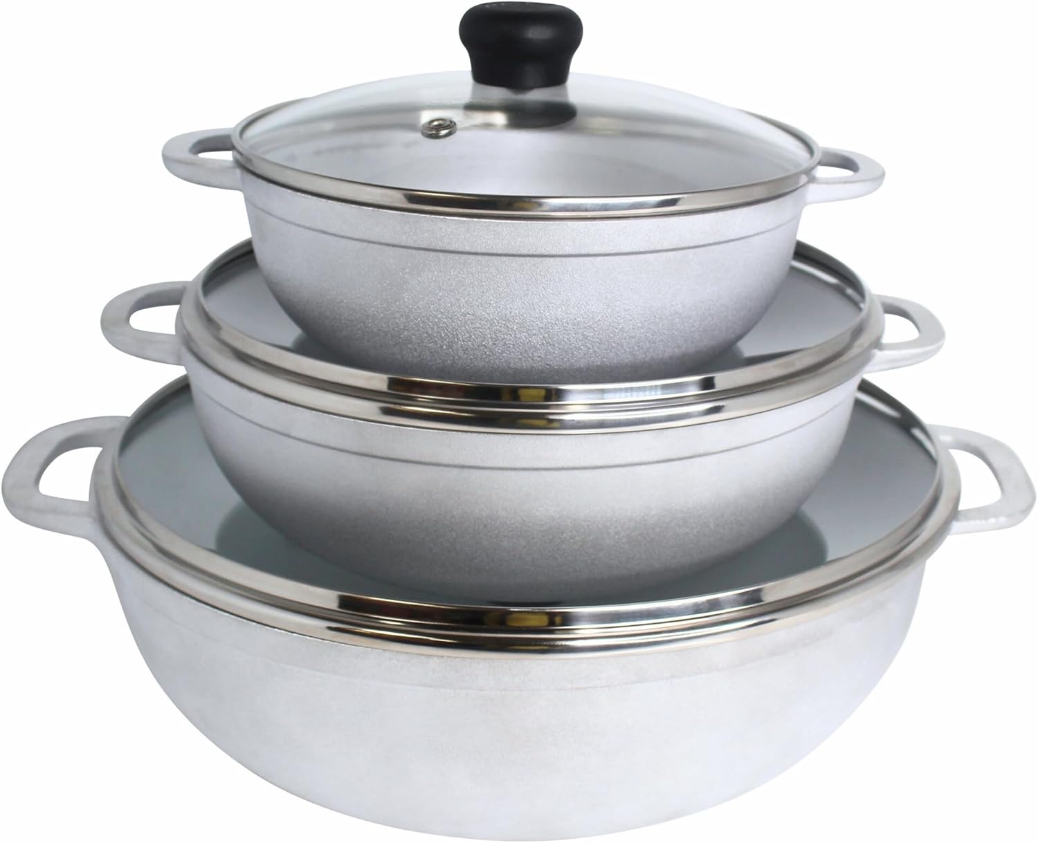 IMUSA Caldero Stock Pot with Glass Lid 3pc Set, 1.5/ 2.5/ 5.2qt, Cast Aluminum, Perfect for Serving Medium & Small Groups, Riverted Handles, Made in Colombia,Silver.