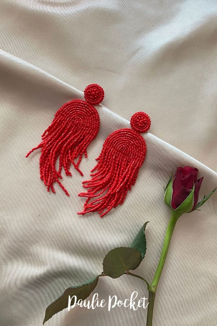 Red Beaded Tassel Earrings