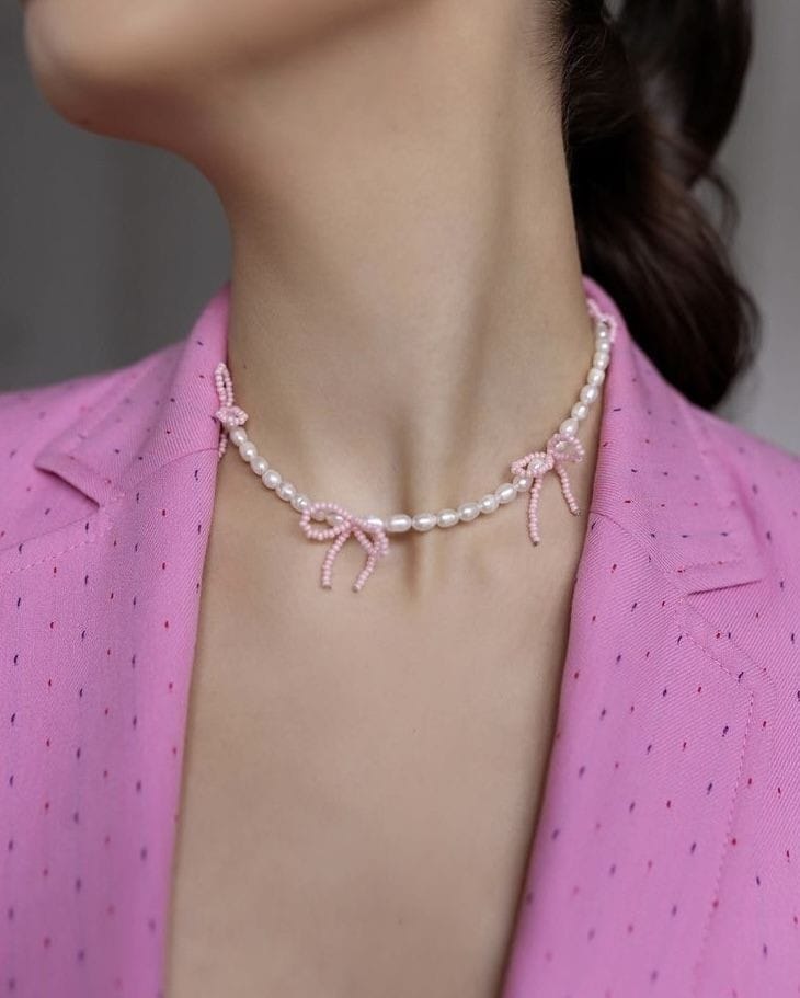 Pearl and Pink Bow Necklace