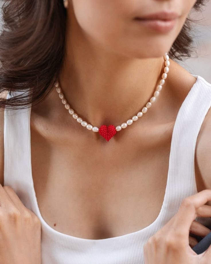 Pearl Necklace with Red Heart Pendant