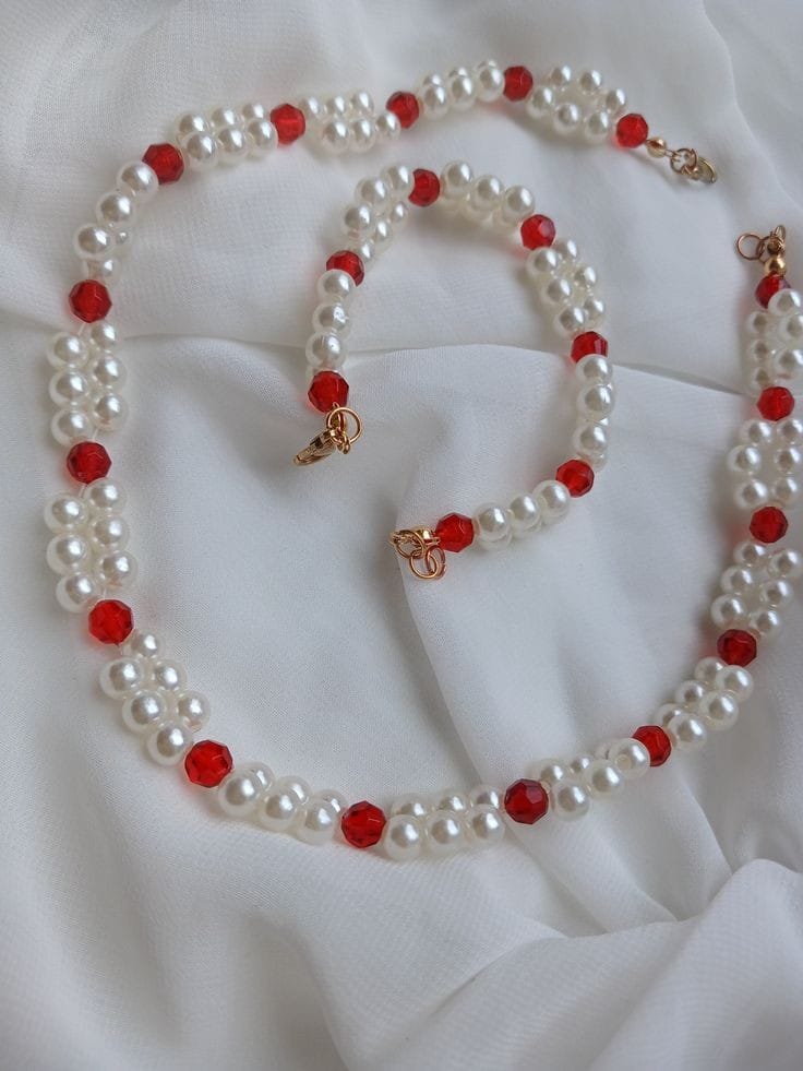 Pearl and Red Bead Jewelry Set
