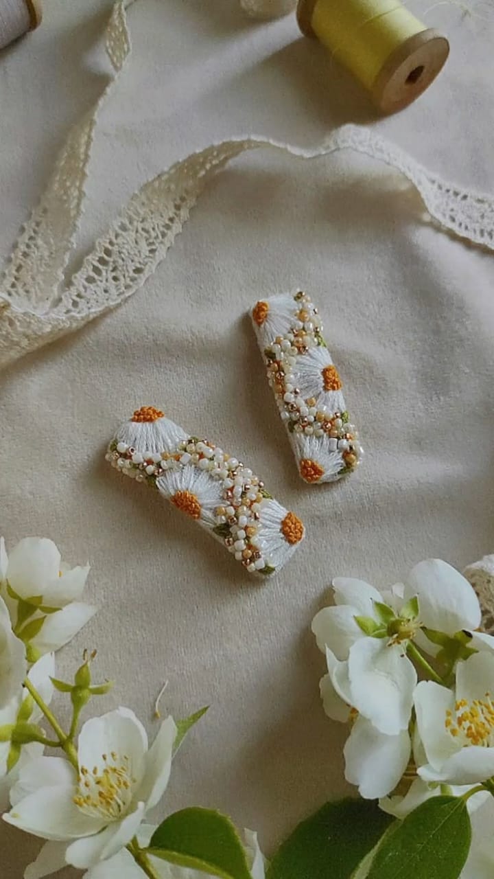 Hand-Embroidered Floral Hair Clips
