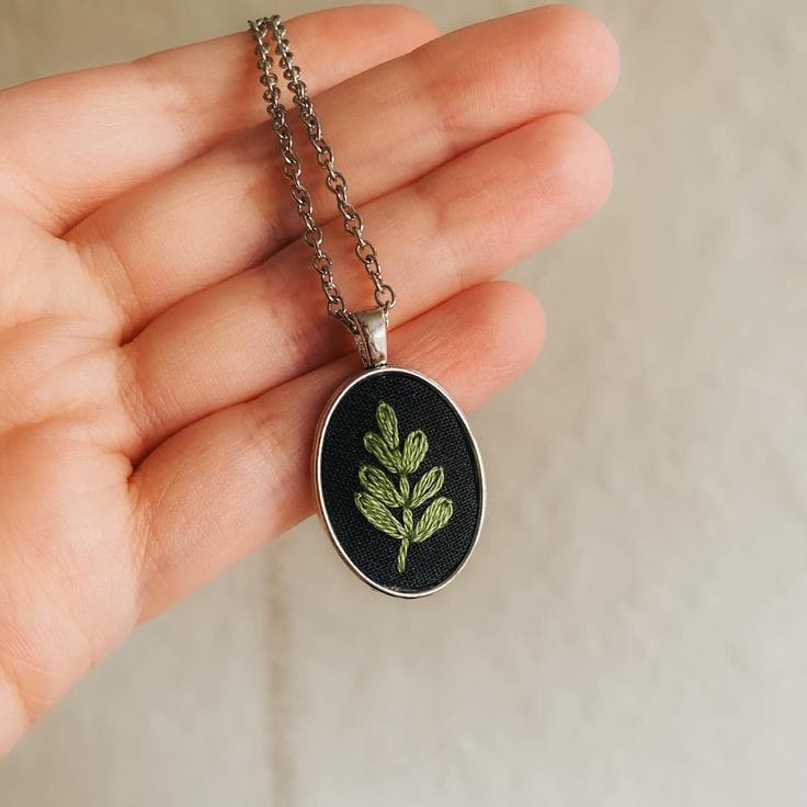 Hand-Embroidered Botanical Pendant Necklace