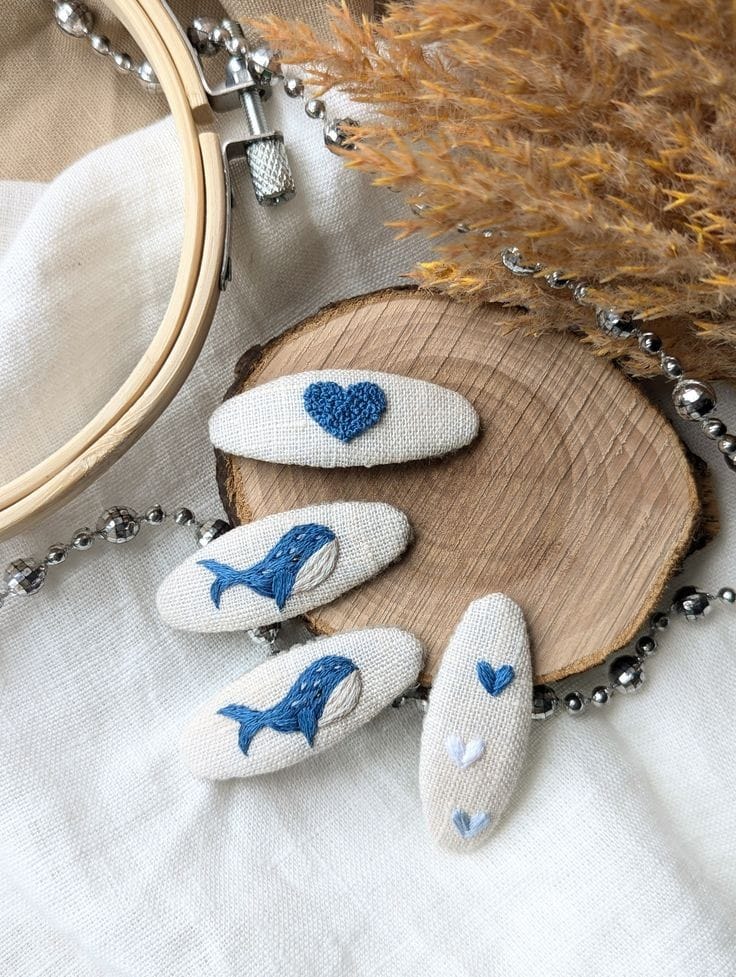 Hand-Embroidered Linen Hair Clips