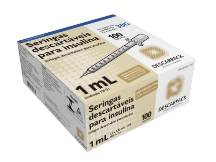 Seringa Insulina 1 Ml Com Agulha Fixa 8,0x0,30mm (30g). 