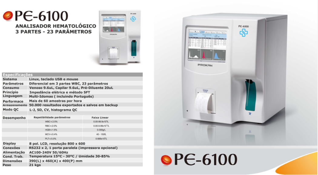 Analisador Hematológico PE-6100 - 3PARTES ( EQUIPAMENTO FECHADO)