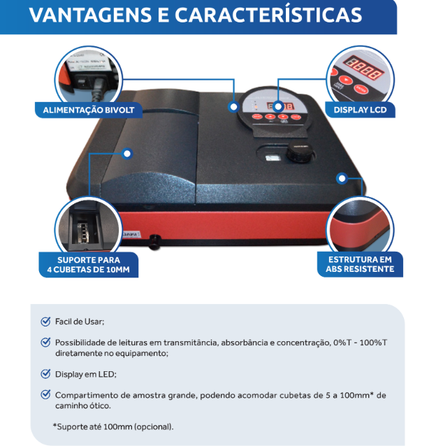 Espectrofotômetro Digital Faixa Visível de 325 à 1000nm e Largura de Banda de 4nm - IL-226-NM-BI