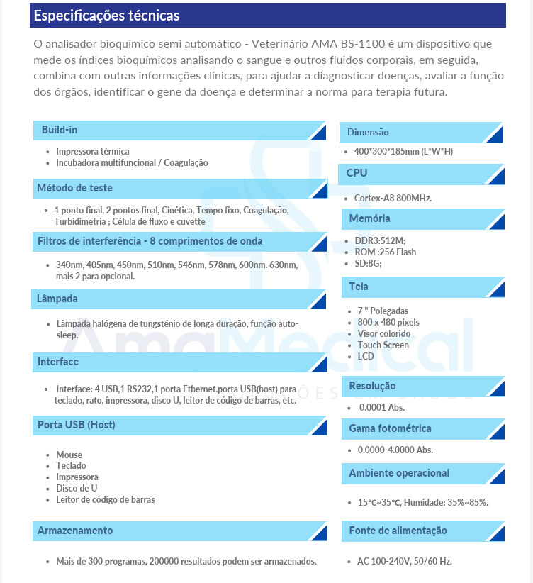 Analisador Bioquímico Semi-Automático AMA BS-1100