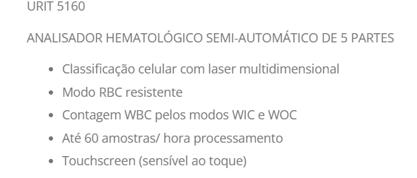 ANALISADOR HEMATOLÓGICO SEMI-AUTOMÁTICO DE 5 PARTES URIT 5160