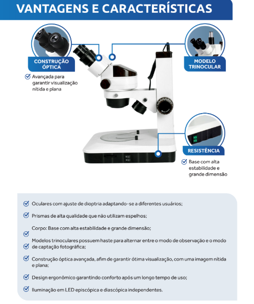 Estereomicroscópio Trinocular - ECZ-BLACK-TRI-180-L-BI